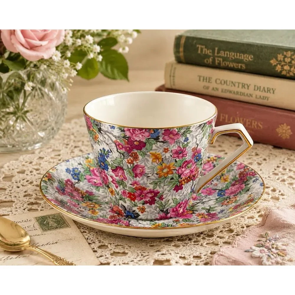 BCM Nelson Ware Chintz Floral Teacup & Saucer England Pink Blue Gold Trim